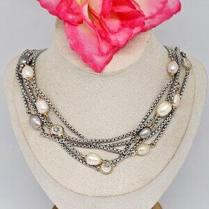 Genuine Pearls Silver Tone Multi Chain Statement Choker Necklace